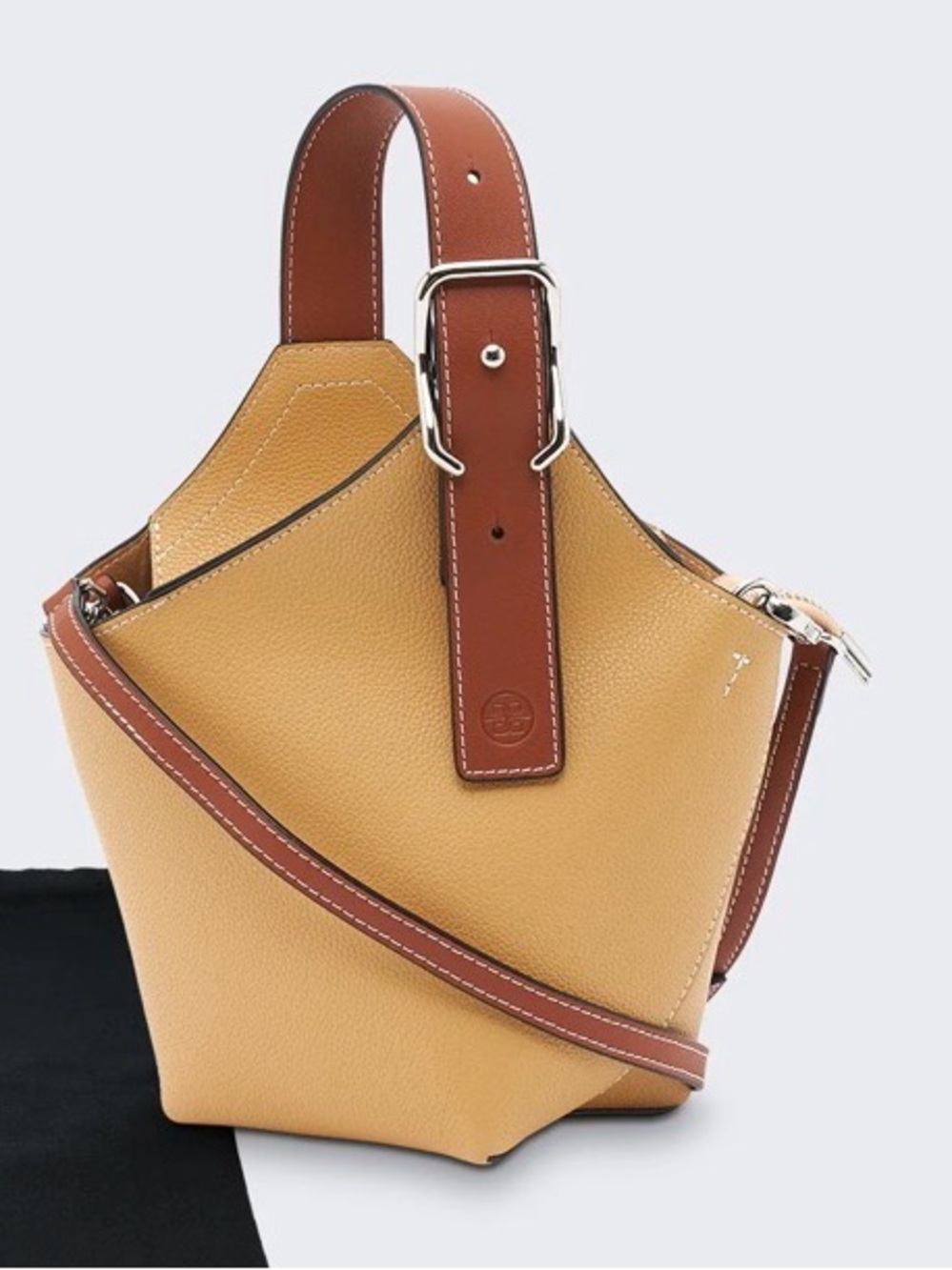 Mini Structured Leather Bucket Bag in Tan with Brown Trim